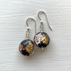 Earrings with black gold silver aventurine Murano glass small lentil drops on silver or gold