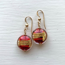 Earrings with red pastel and gold Murano glass small lentil drops on silver or gold hooks