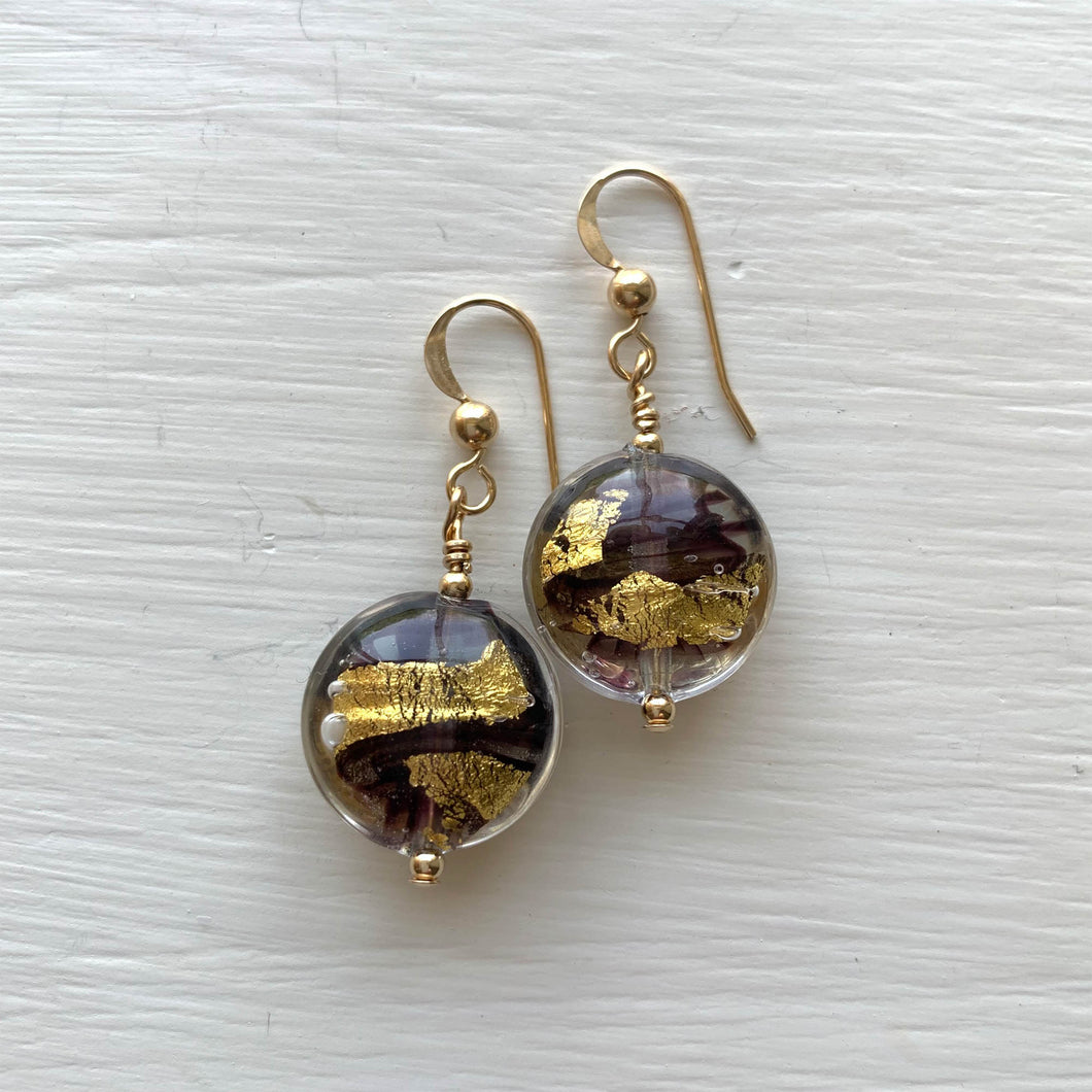 Earrings with black pastel and gold Murano glass small lentil drops on silver or gold hooks