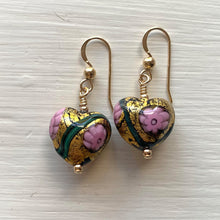 Earrings with purple roses, green and gold Murano glass small heart drops on silver or gold