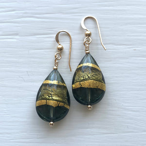 Earrings with shades of grey and gold Murano glass medium pear drops on silver or gold