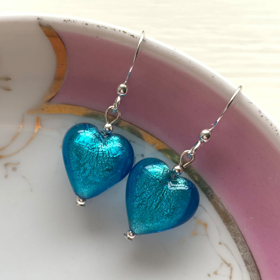Earrings with turquoise (blue) Murano glass small heart drops on silver or gold hooks
