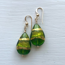 Earrings with shades of green and gold Murano glass medium pear drops on silver or gold