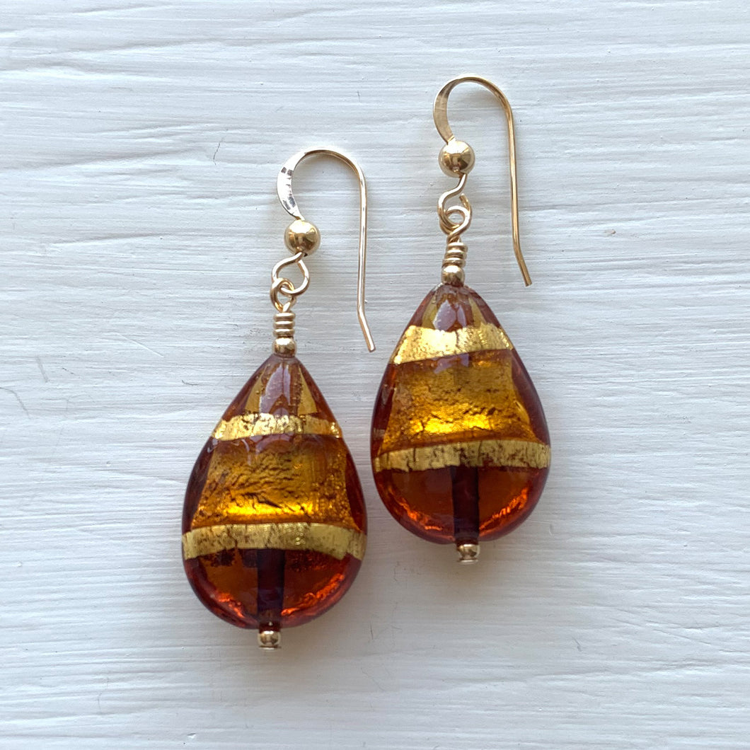 Earrings with shades of brown topaz (amber) Murano glass medium pear drops on silver or gold
