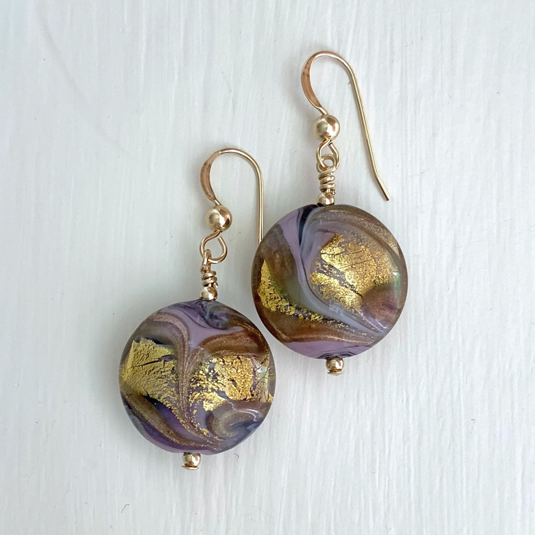 Earrings with byzantine purple and gold Murano glass medium lentil drops on silver or gold