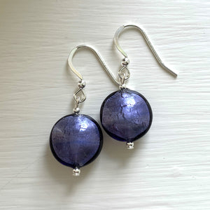 Earrings with purple velvet Murano glass small lentil drops on silver or gold hooks