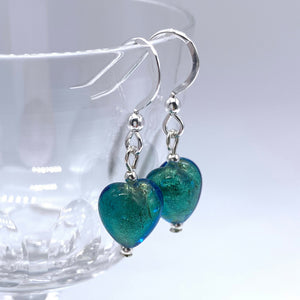 Earrings with sea green (jade, teal) Murano glass mini heart drops on silver or gold hooks