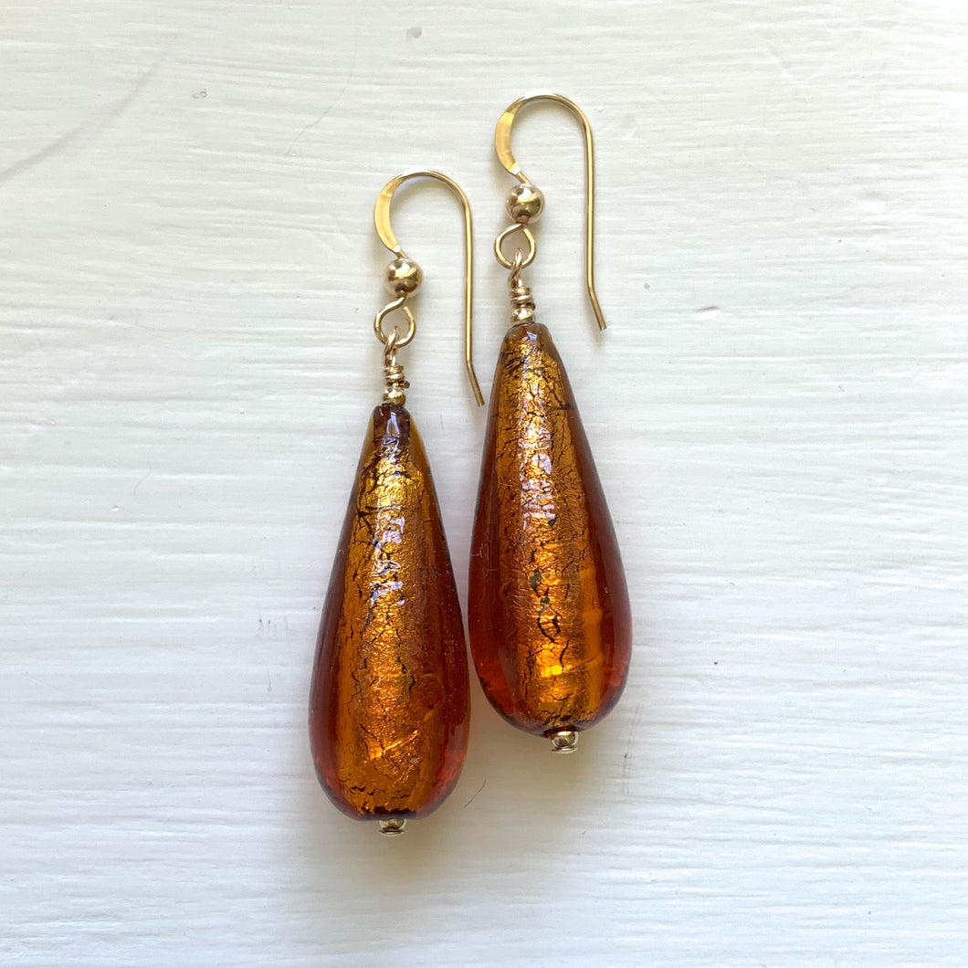 Earrings with brown topaz (amber) Murano glass long pear drops on silver or gold hooks