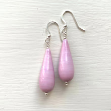 Earrings with pale pink pastel Murano glass long pear drops on silver or gold hooks