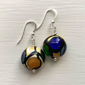 Earrings with multicolours, black and gold Murano glass medium lentil drops on silver or gold