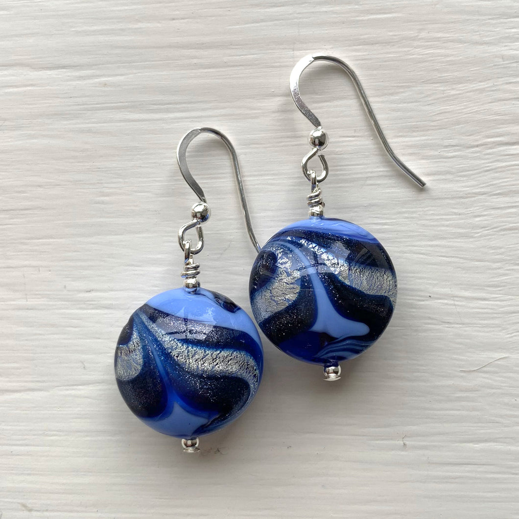 Earrings with byzantine periwinkle, dark blue, white gold Murano glass medium lentil drops