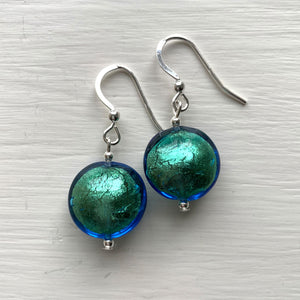 Earrings with sea green (jade, teal) Murano glass small lentil drops on silver or gold hooks