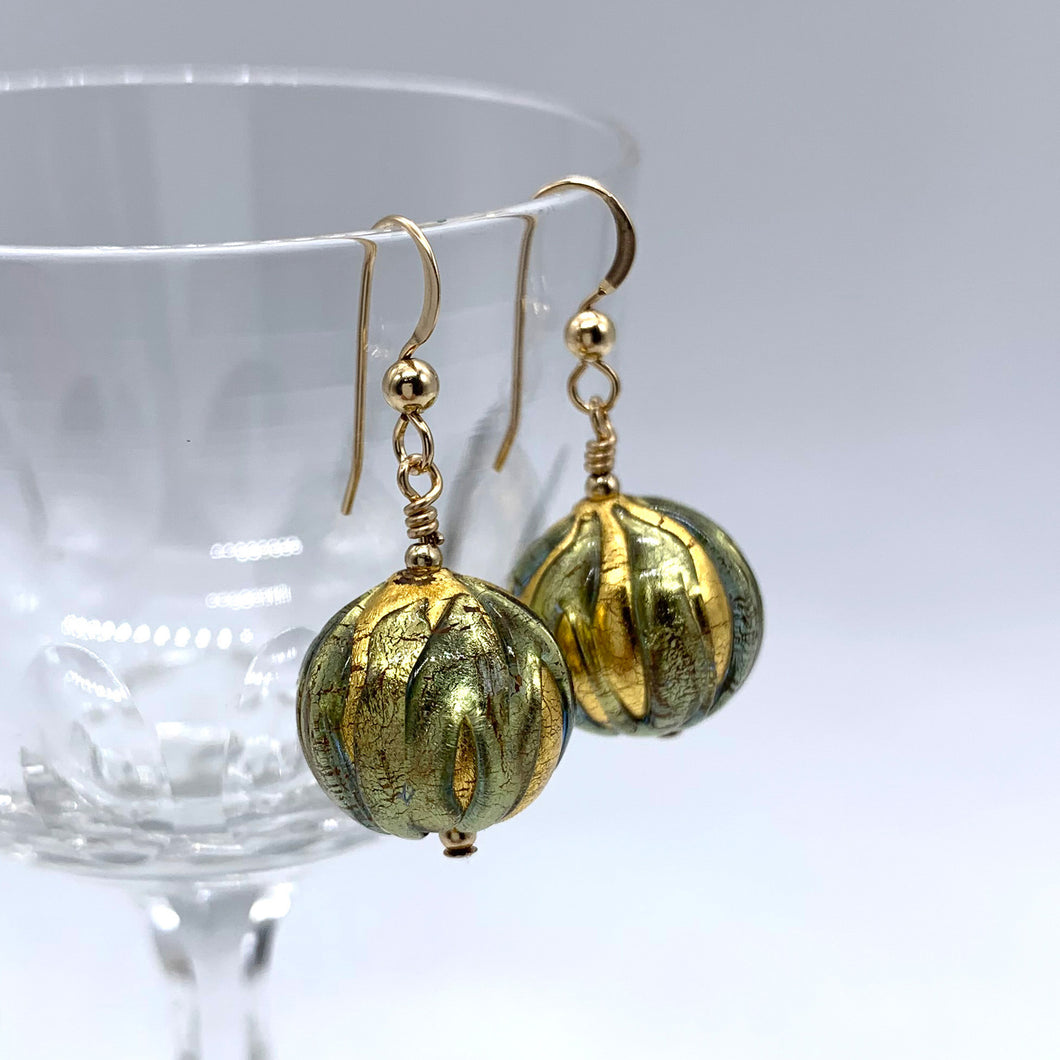 Earrings with blue appliqué over gold Murano glass small sphere drops on silver or gold