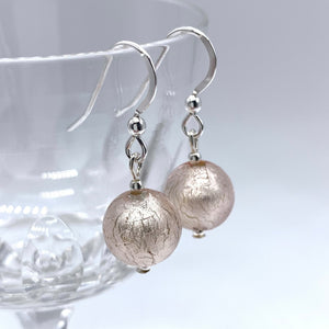 Earrings with champagne (peach, pink) Murano glass mini sphere drops on silver or gold