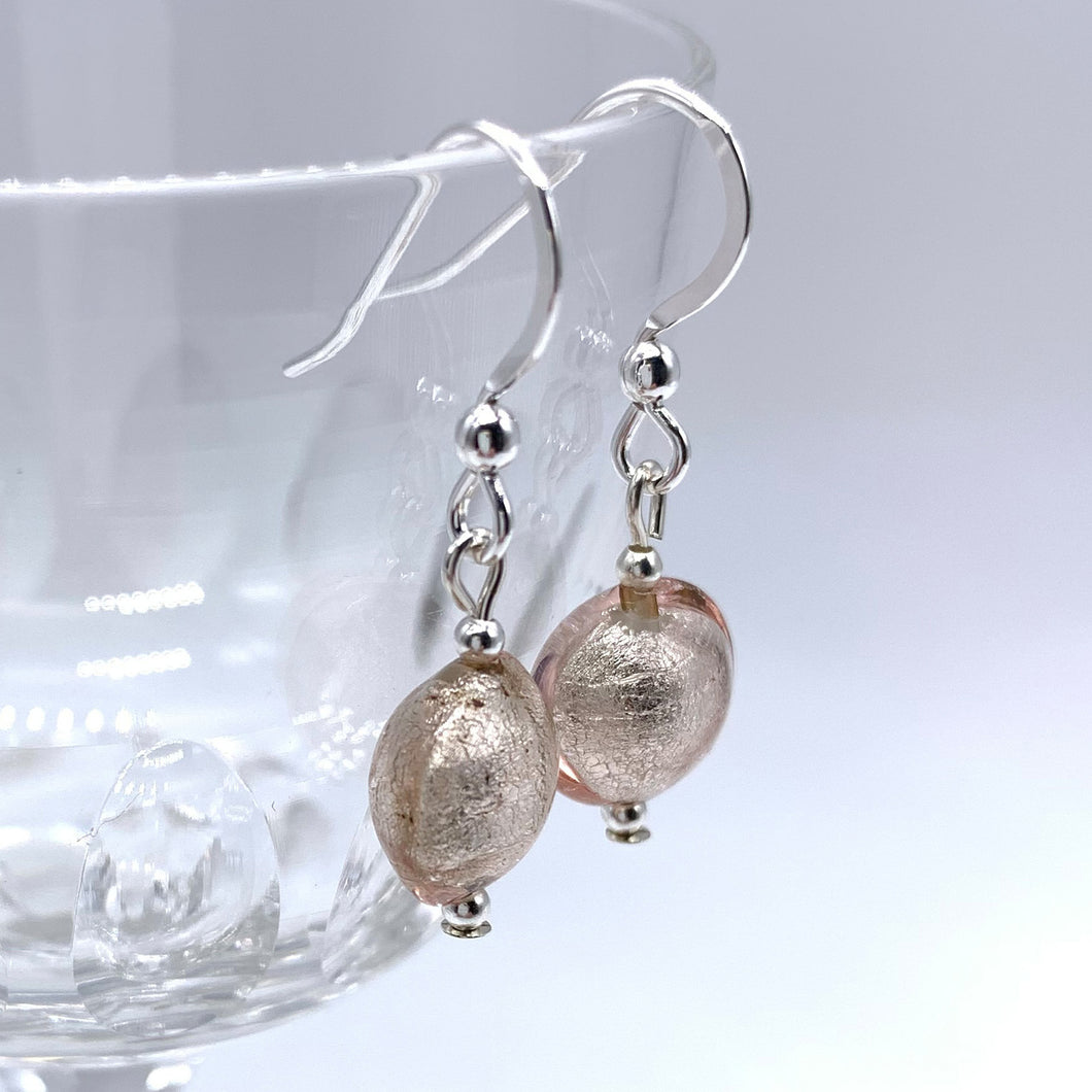 Earrings with champagne (peach, pink) Murano glass mini lentil drops on silver or gold