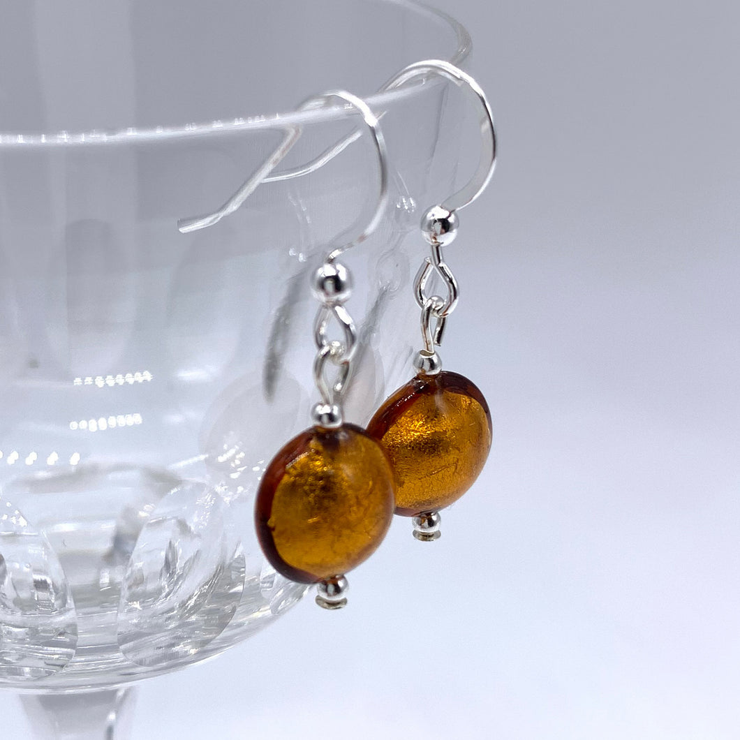 Earrings with brown topaz (amber) Murano glass mini lentil drops on silver or gold hooks