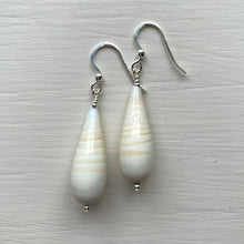 Earrings with ivory (white) pastel Murano glass long pear drops on silver or gold hooks