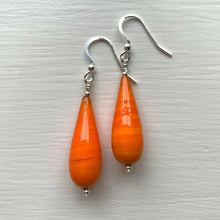 Earrings with orange pastel Murano glass long pear drops on silver or gold hooks
