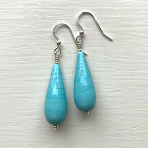 Earrings with turquoise (blue) pastel Murano glass long pear drops on silver or gold hooks