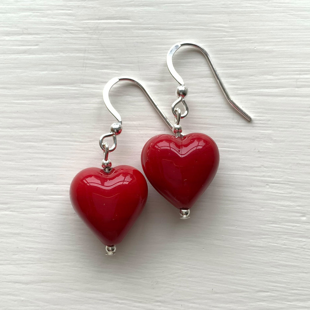 Earrings with red pastel Murano glass small heart drops on silver or gold hooks