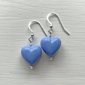 Earrings with periwinkle (blue) pastel Murano glass small heart drops on silver or gold hooks