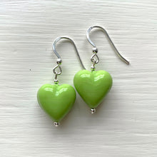 Earrings with light green pastel Murano glass small heart drops on silver or gold hooks