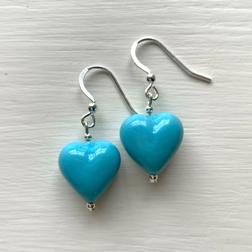 Earrings with turquoise (blue) pastel Murano glass small heart drops on silver or gold hooks