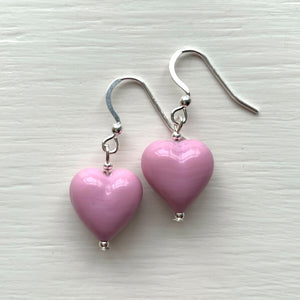 Earrings with pink pastel Murano glass small heart drops on silver or gold hooks