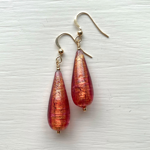 Earrings with burnt orange (rose pink) Murano glass long pear drops on silver or gold
