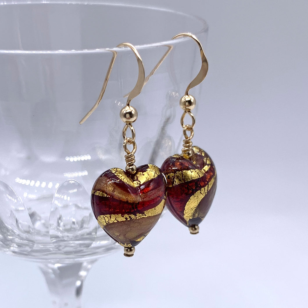 Earrings with red and aventurine swirl Murano glass small heart drops on silver or gold