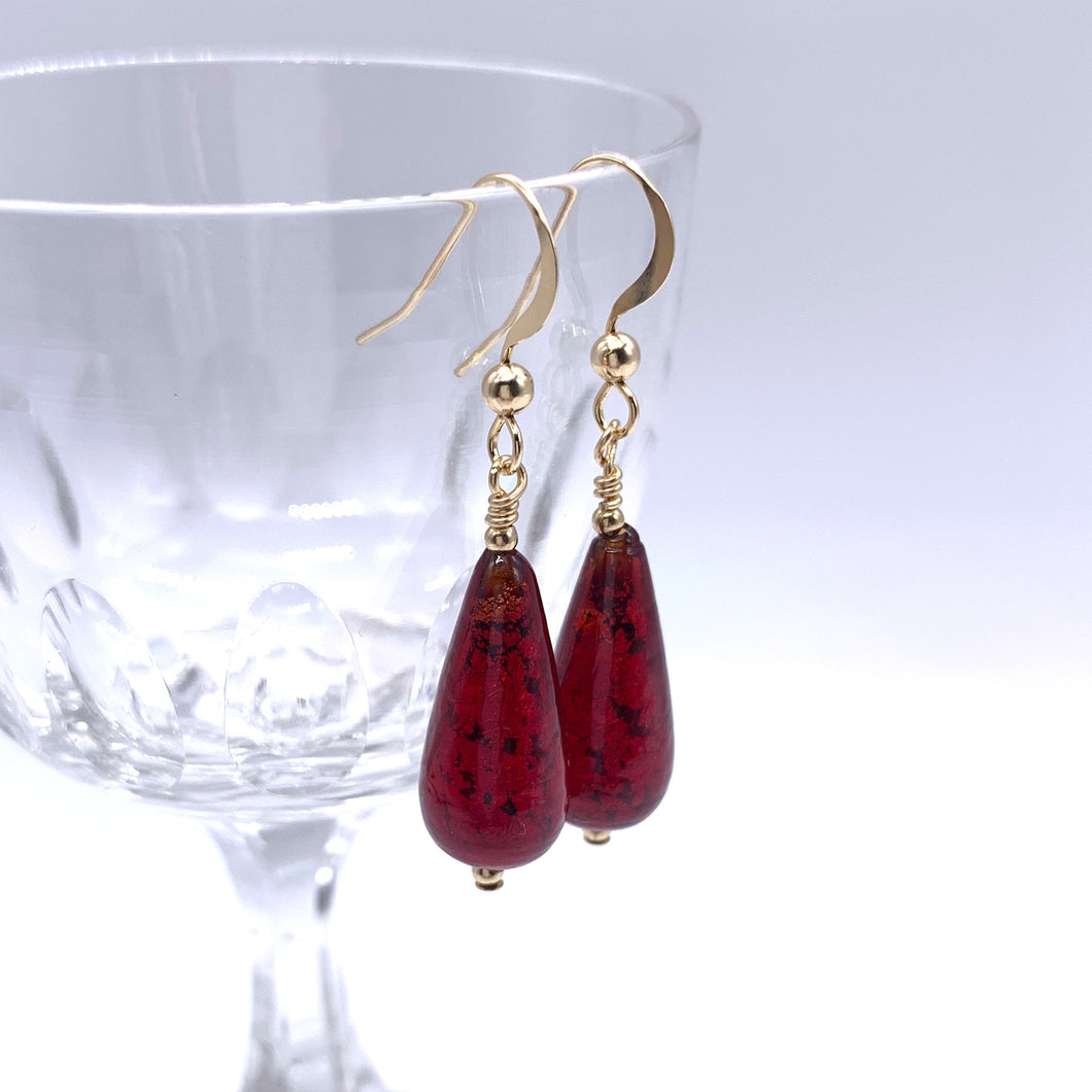 Earrings with red Murano glass short pear drops on silver or gold hooks