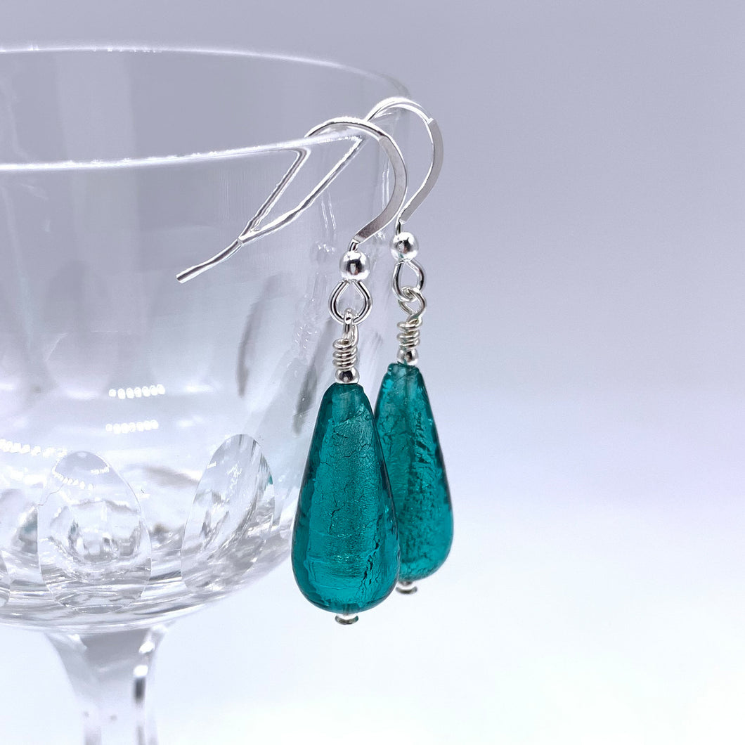 Earrings with teal (green, jade) Murano glass short pear drops on silver or gold hooks
