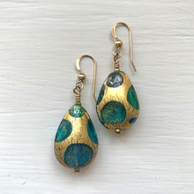 Earrings with shades of blue spots over gold Murano glass medium pear drops on silver or gold
