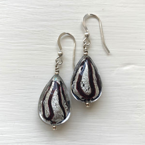 Earrings with black pastel drizzle and white gold Murano glass medium pear drops