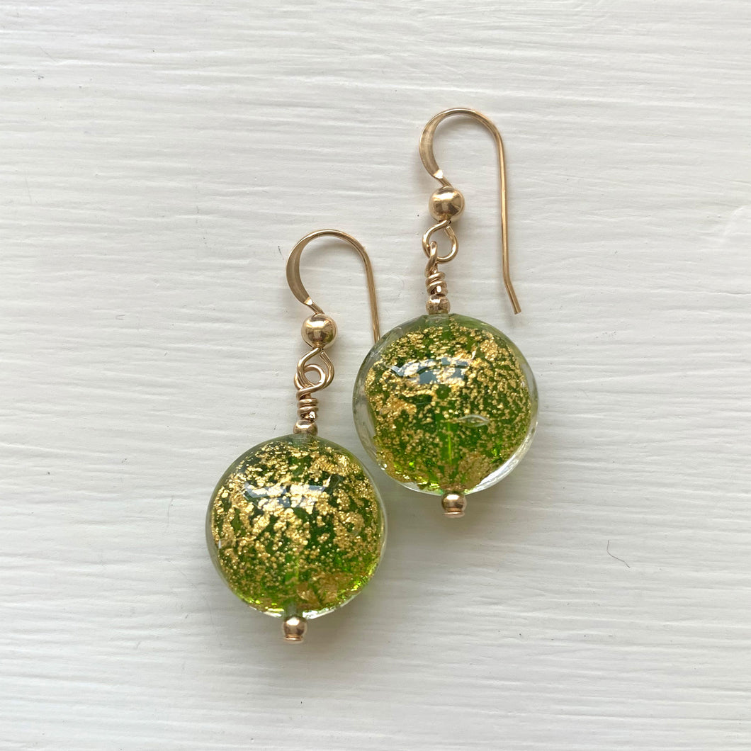 Earrings with green translucent and gold Murano glass small lentil drops on silver or gold