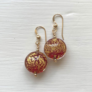 Earrings with red translucent and gold Murano glass small lentil drops on silver or gold