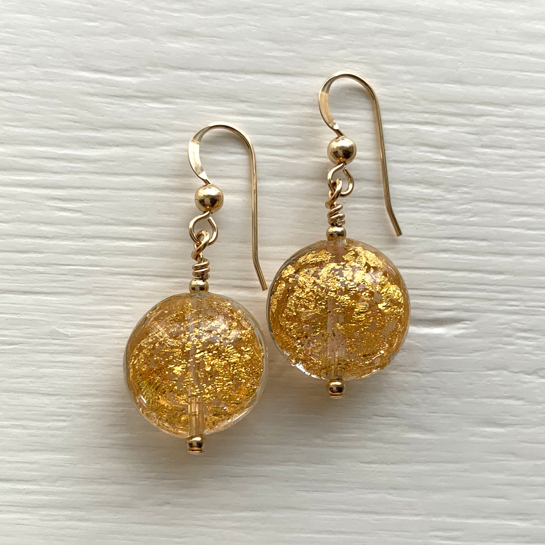 Earrings with clear crystal and gold crackle Murano glass small lentil drops on silver or gold