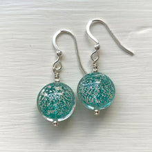 Earrings with teal (green) translucent and white gold Murano glass small lentil drops