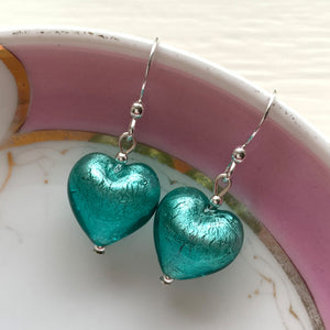 Earrings with teal (green, jade) Murano glass small heart drops on silver or gold hooks