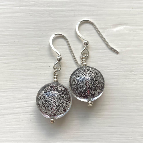 Earrings with black pastel white gold Murano glass small lentil drops on silver or gold