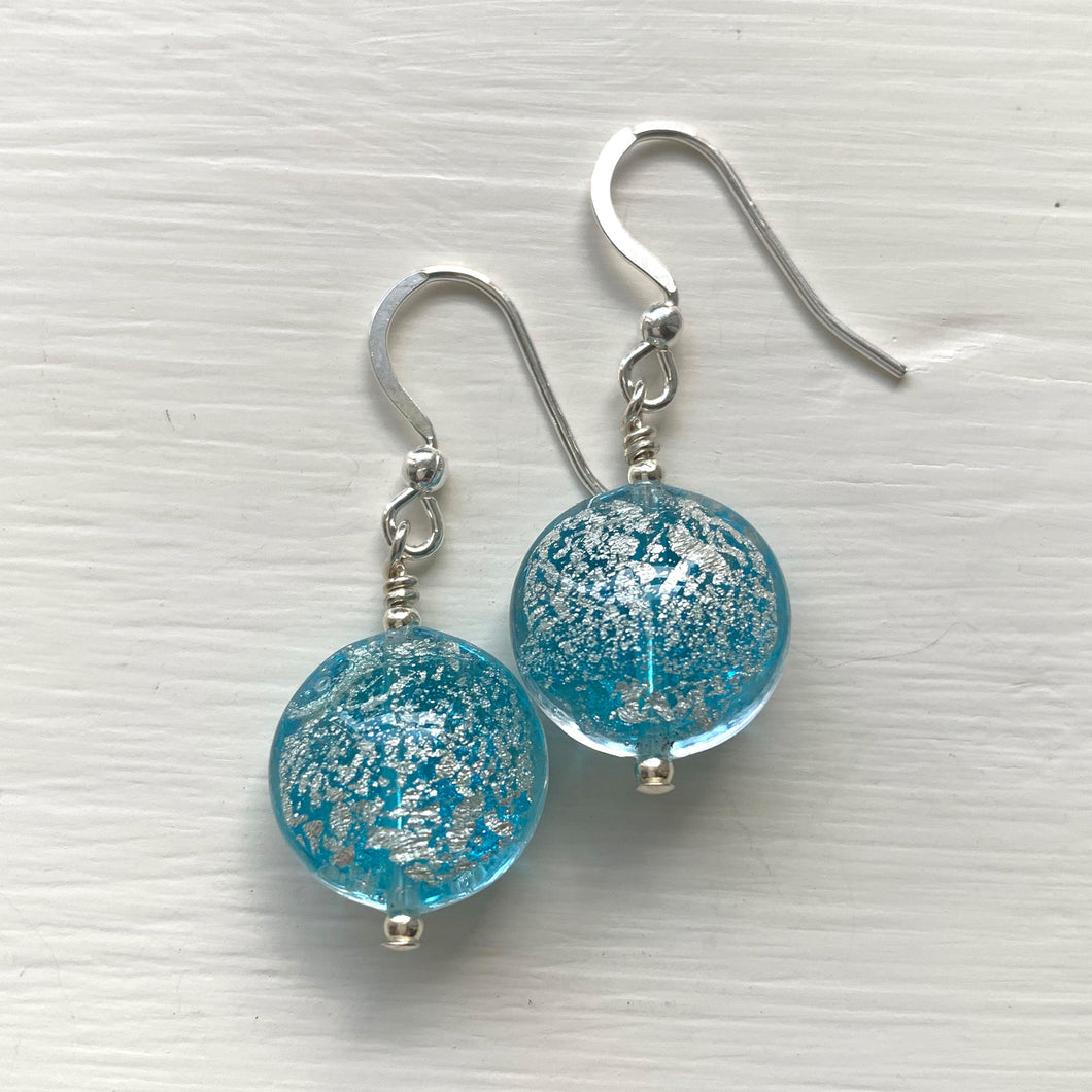 Earrings with light blue translucent and white gold Murano glass small lentil drops