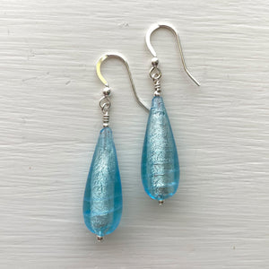 Earrings with aquamarine (blue) Murano glass long pear drops on silver or gold hooks