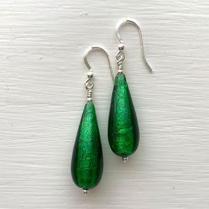 Earrings with dark green (emerald) Murano glass long pear drops on silver or gold hooks