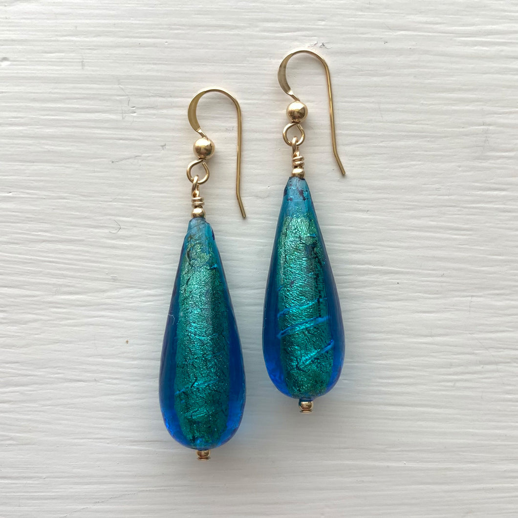 Earrings with sea green (jade, teal) Murano glass long pear drops on silver or gold