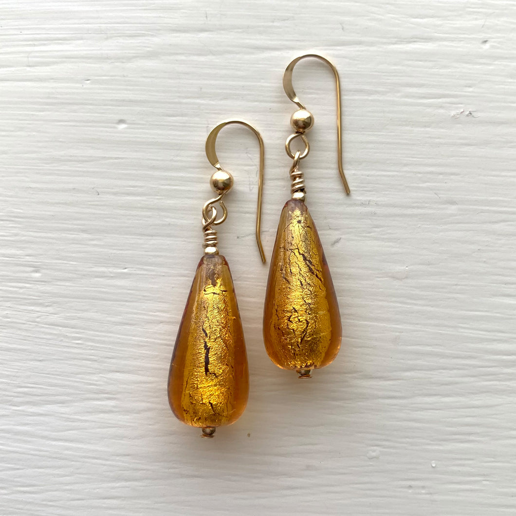Earrings with gold topaz (amber, brown) Murano glass short pear drops on silver or gold