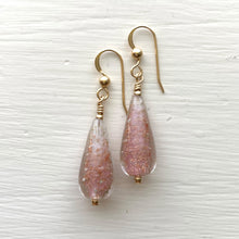 Earrings with pink opal and aventurine Murano glass short pear drops on silver or gold hooks