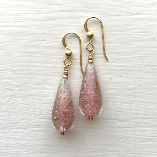 Earrings with pink opal and aventurine Murano glass short pear drops on silver or gold hooks