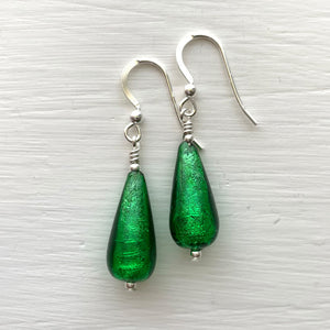 Earrings with dark green (emerald) Murano glass short pear drops on silver or gold hooks