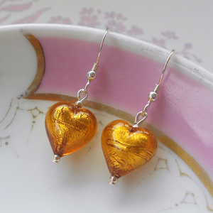 Earrings with gold topaz (amber) Murano glass small heart drops on silver or gold hooks