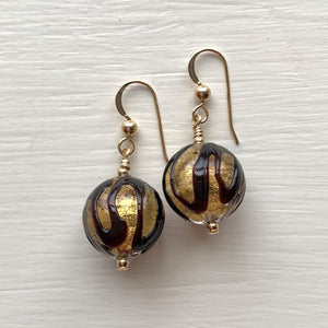 Earrings with black appliqué over gold Murano glass small sphere drops on silver or gold
